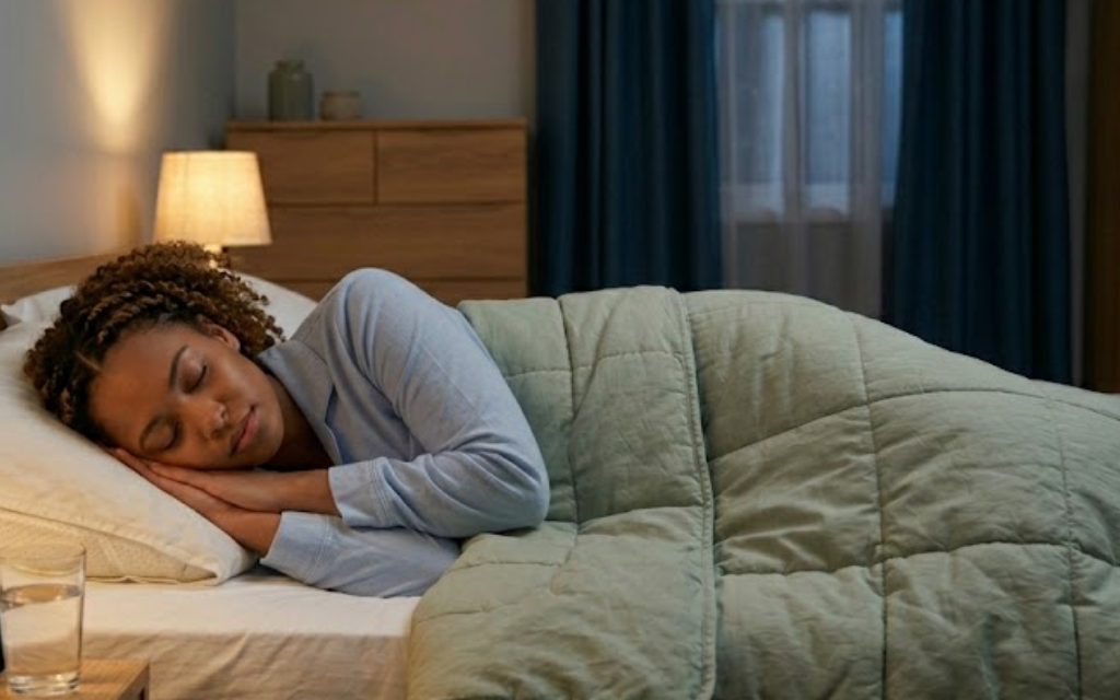 Vrouw ligt te slapen in bed met haar ogen dicht