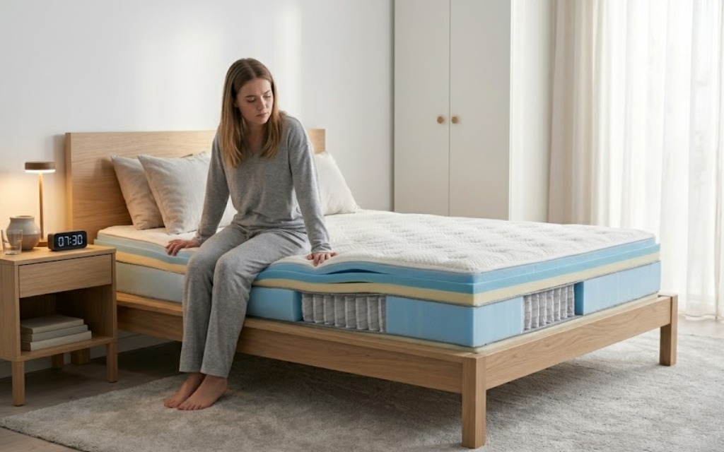 vrouw zit op een matras waarbij je de verschillende lagen ziet van het matras