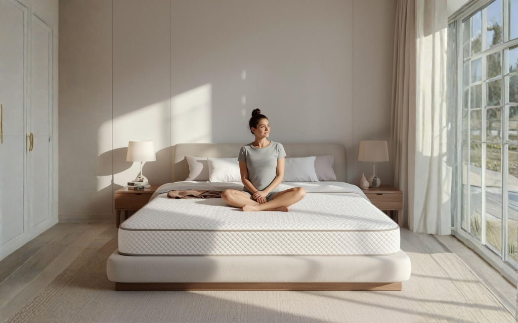 Voruw zit op bed in kleermaker zit in haar kamer