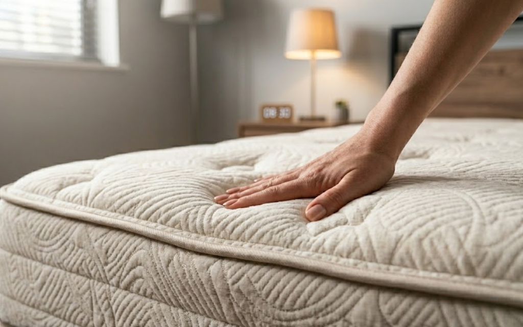 Hand dat over een matras gaat