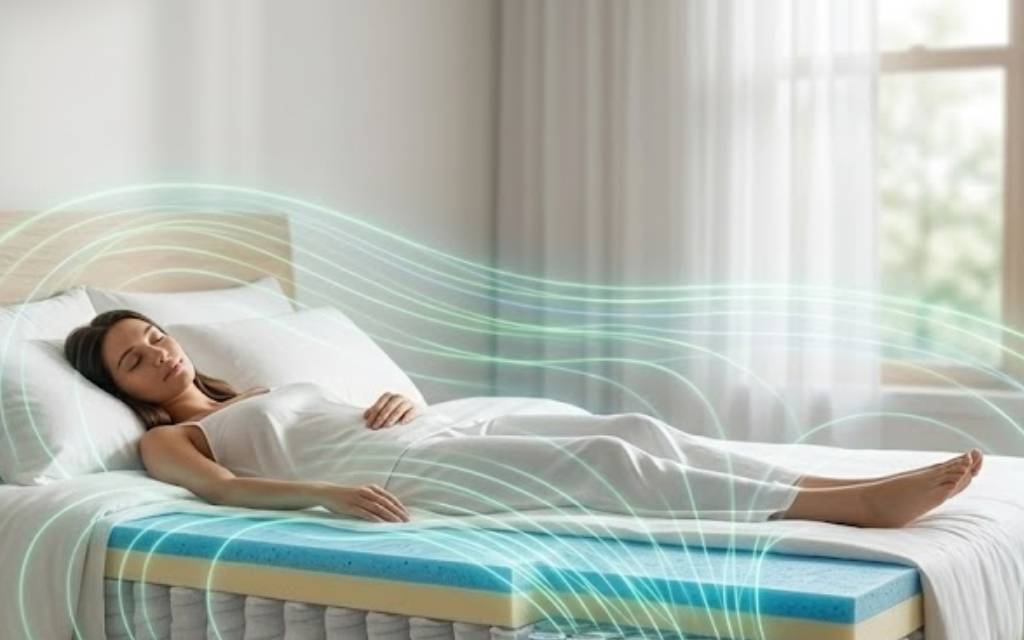 Vrouw ligt op bed in een magnetisch veld