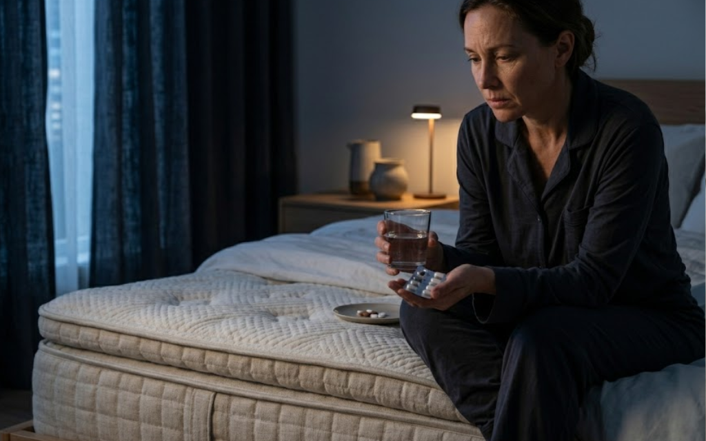 Vrouw net slaappillen in haar hand