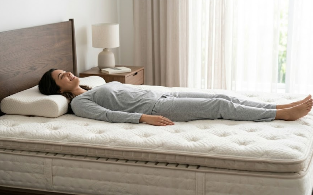 Vrouw ligt op bed en kijkt omhoog en lagt naar het plafont