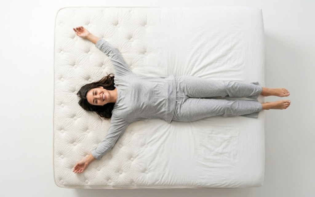 Vrouw ligt op bed waarbij de foto is geschoten van boven