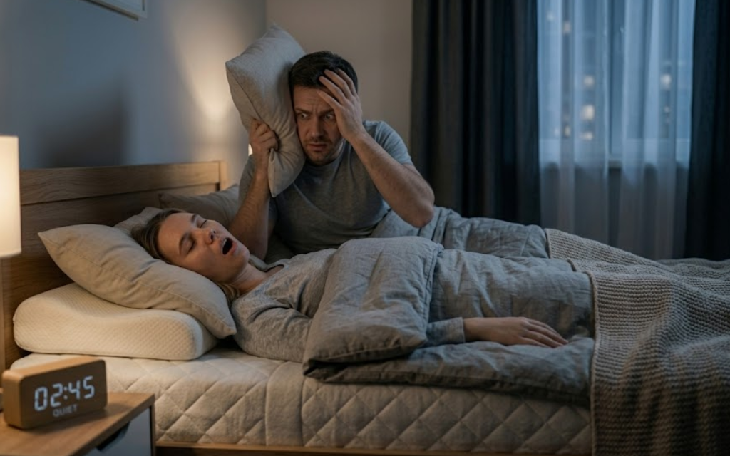 Vrouw snurkt terwijl man wakker ligt