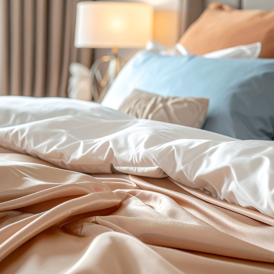Bed met zijden dekbed en zijden kussenslopen