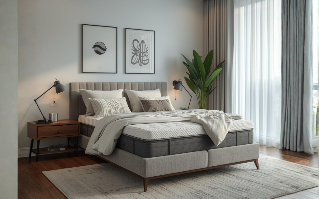 Een afbeelding van een kamer met een bed er in