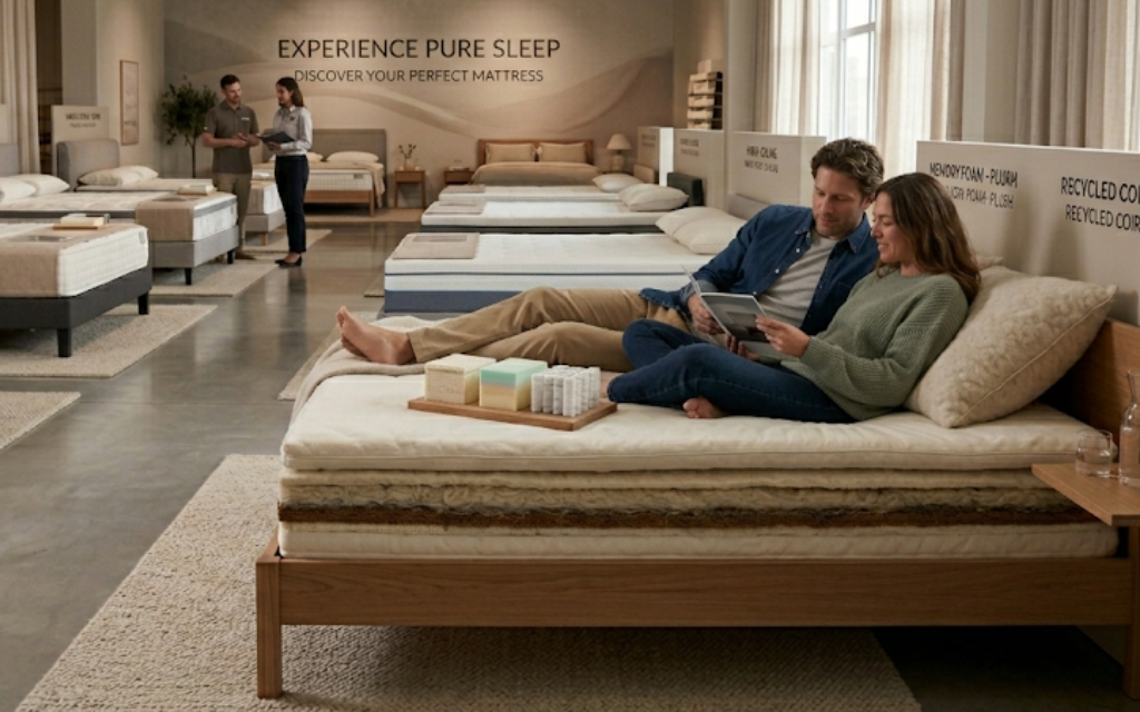 Man en vrouw proberen ene matras uit in een showroom