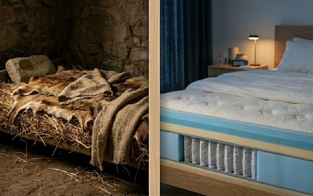 Linkerkant een afbeelding van een stro bed en rechterkant een afbeelding van een foam bed