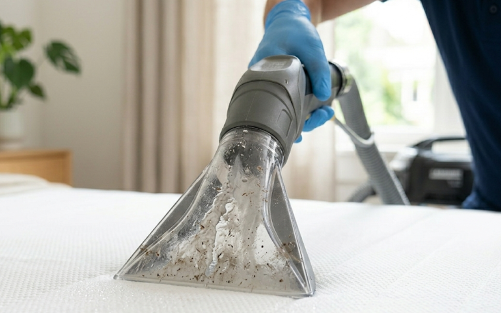 Een matras wordt schoongemaakt