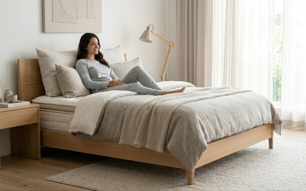 Vrouw dat zit op haar bed en lacht