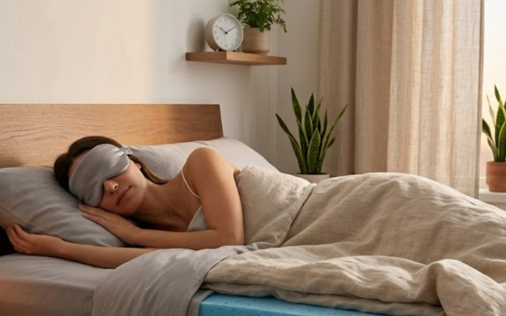 vrouw ligr te slapen op haar zij met oogkappen op