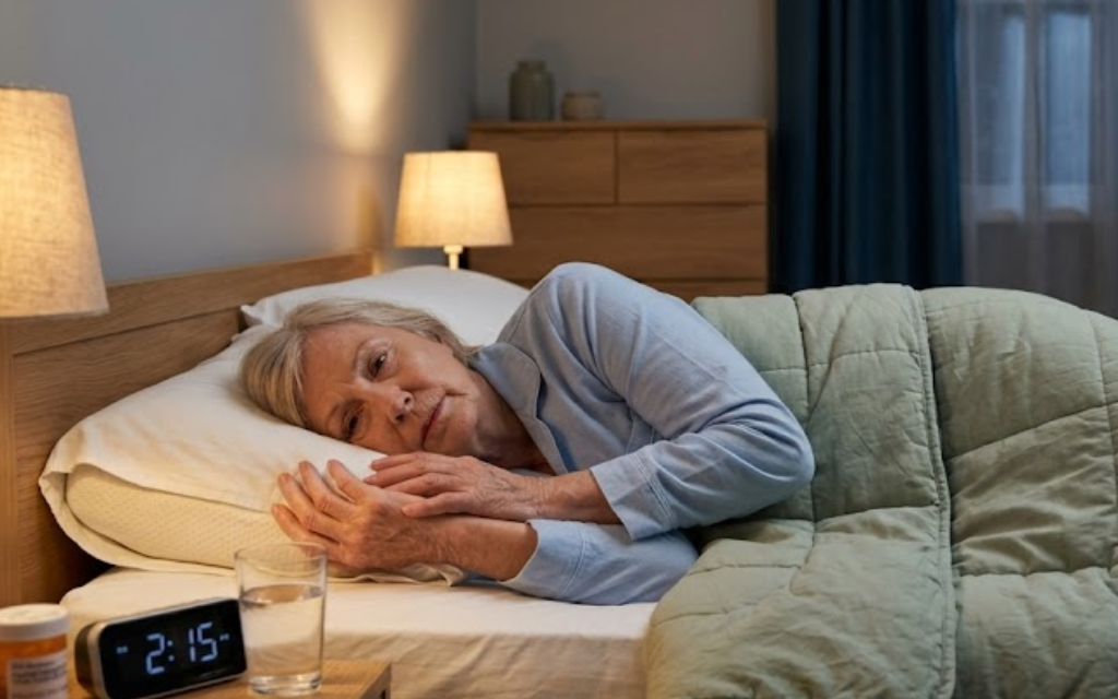 Oude vrouw ligt in bed en heeft parkinson