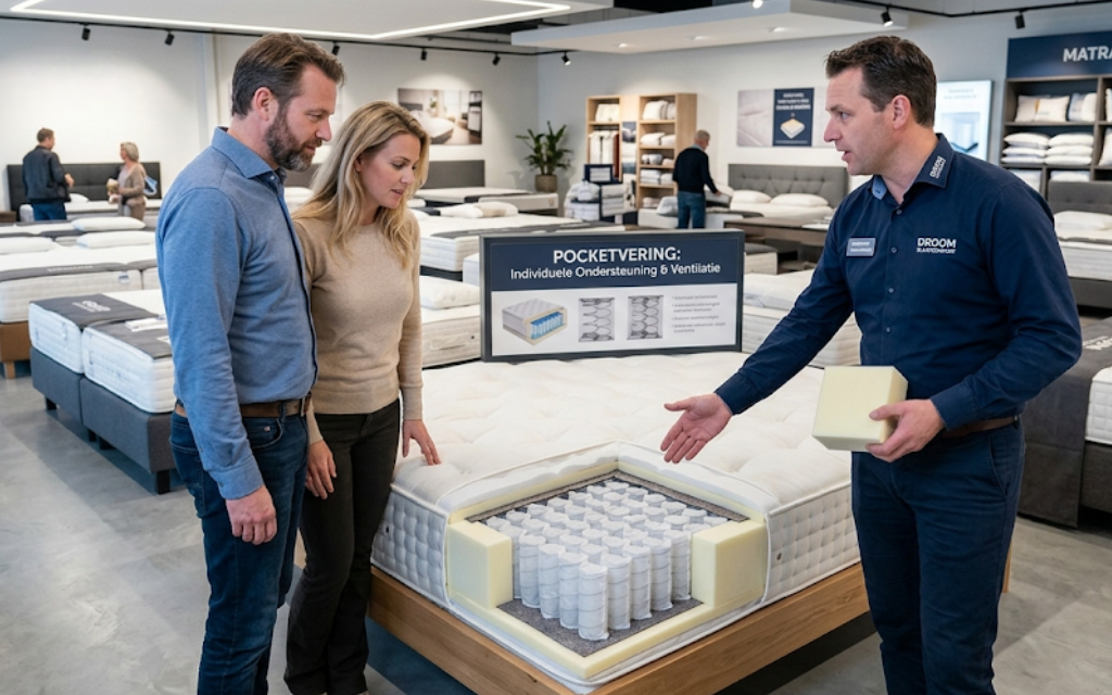 Man en vrouw staan in de showroom en vergelijken matrassen