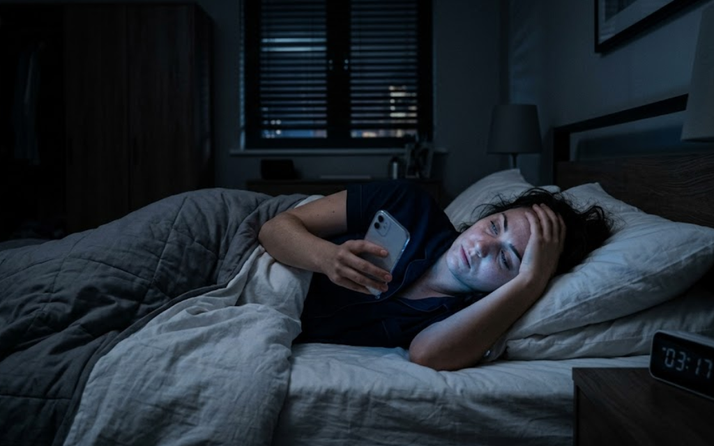 Vrouw ligt op haar bed met een telefoon in haar hand
