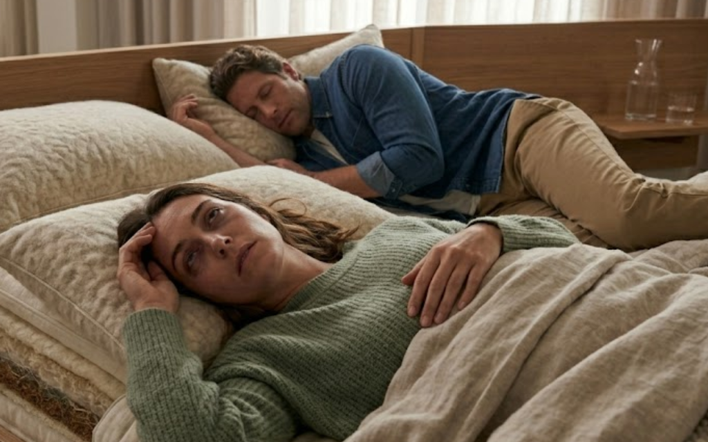 Man en vrouw liggen in bed en vrouw kan niet slapen