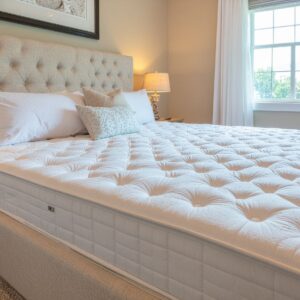 Kaal matras op boxspring, met drie kussens erbovenop