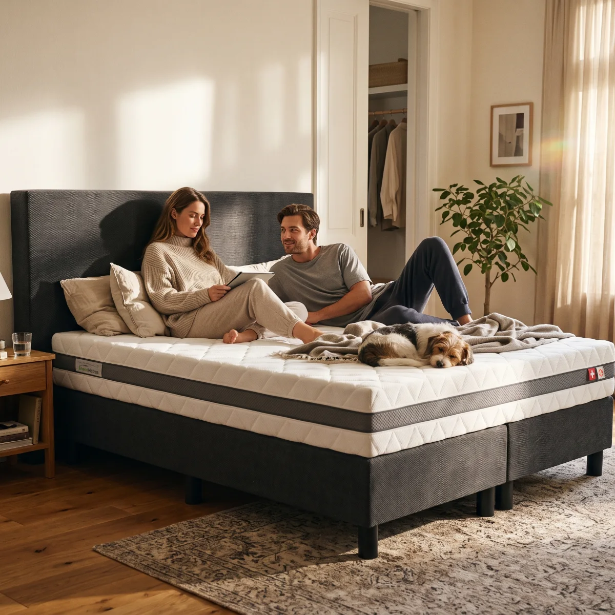 Samen op het ErkendMatras op een antraciet boxspring, met de hond aan het voeteneind