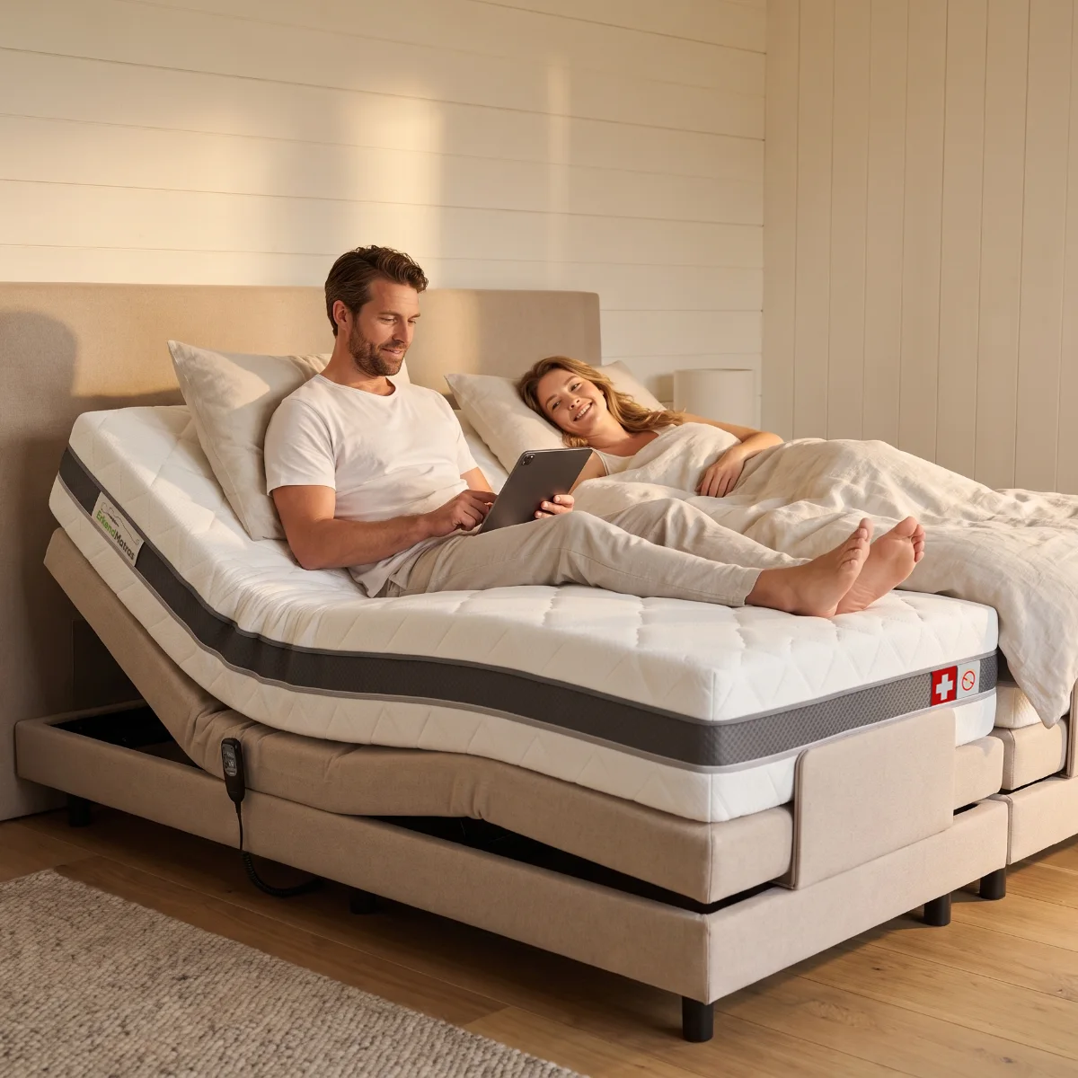 Samen op het ErkendMatras op een elektrisch verstelbare boxspring: hij zit rechtop, zij ligt plat