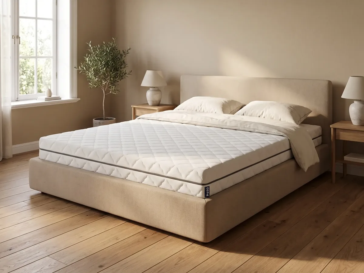 Het P650 op een bed in een lichte slaapkamer